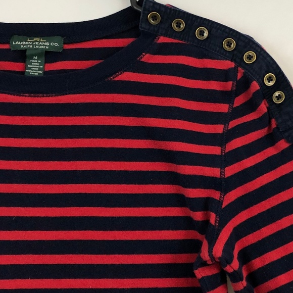 RALPH LAUREN Red Blue Striped Boat Neck Rivets Top - Picture 2 of 4